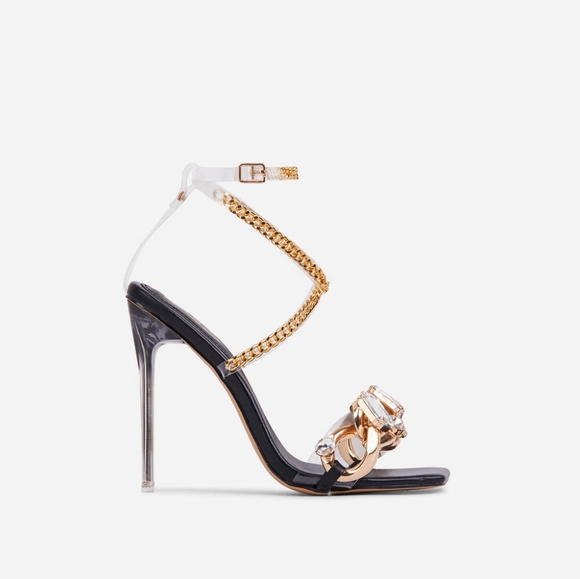 Black and gold open toe strap up high heel sandals with chunky clear jewels 💎 - Picture 7 of 7